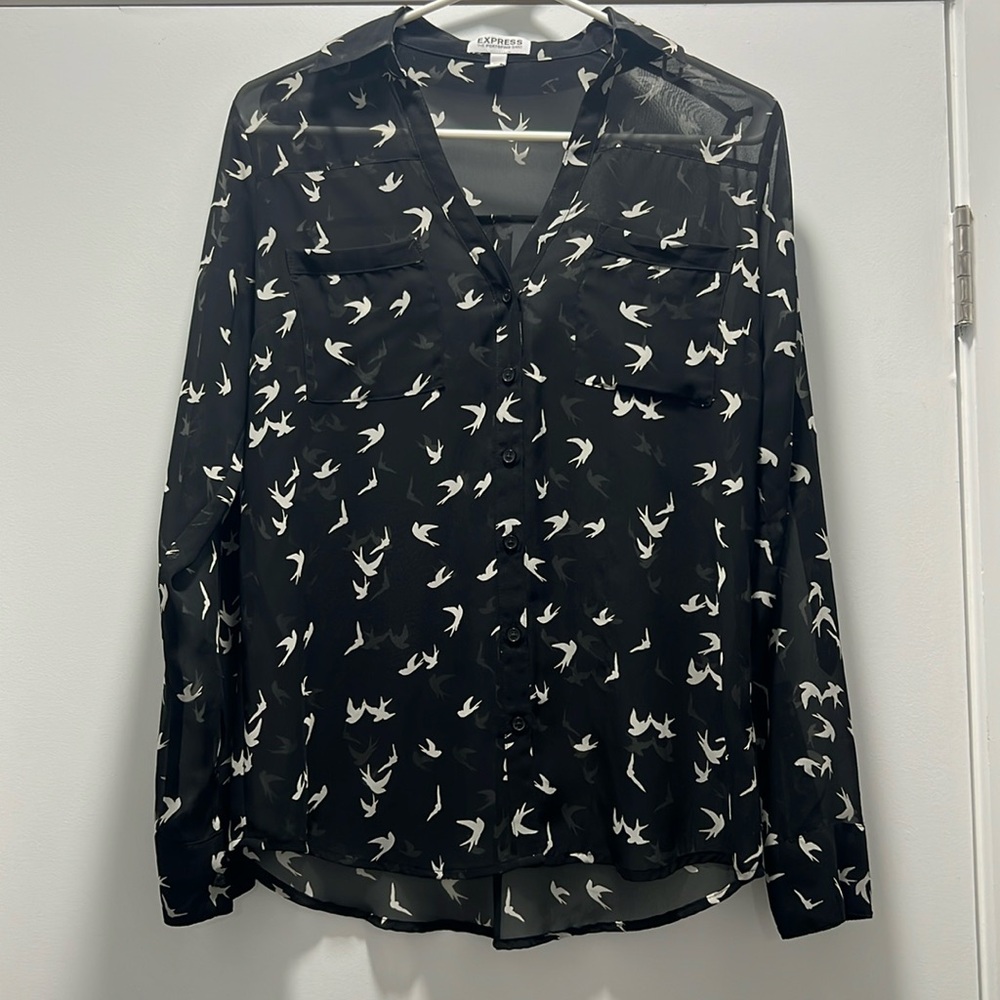 Express Women’s White Bird Print Portofino Shirt - Black (Size S)